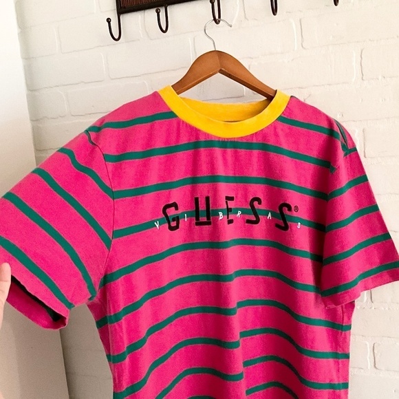 Guess x J Balvin Tee Short Sleeve Crew neckline Stripes Pink Green Yellow Sz M - Picture 9 of 11